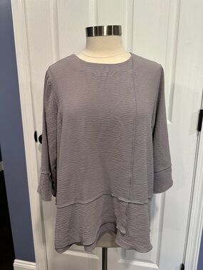 Shana Gray Crinkle Tiered Flowy Blouse Tunic Large Top